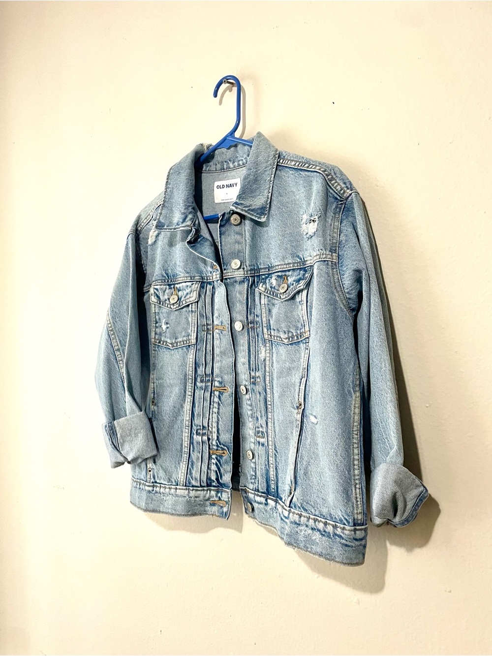 Old Navy Denim Jacket L Distressed Blue Classic Trucker Streetwear Light Wash - Picture 2 of 7